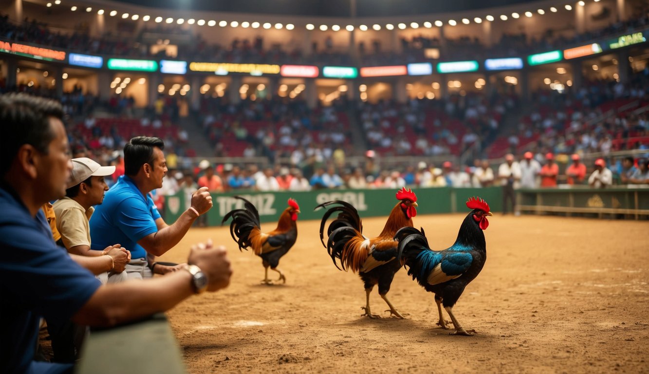 Sebuah arena sabung ayam resmi yang ramai dengan penonton yang bersorak dan ayam jantan berwarna-warni di tengah pertandingan yang sengit