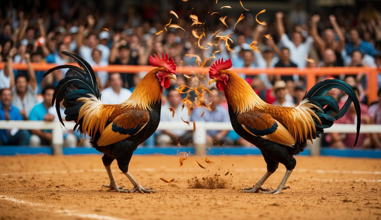 Sebuah arena yang ramai dengan penonton yang bersorak, dua ayam jantan berhadapan dalam pertempuran sengit, bulu-bulu beterbangan saat mereka bertarung dalam pertandingan sabung ayam tradisional