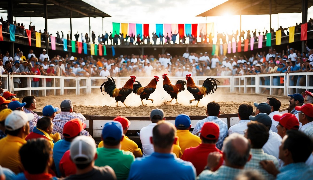 Sebuah arena luar ruangan yang ramai dengan ayam jantan bertarung di tengah, dikelilingi oleh penonton yang bersorak dan spanduk berwarna-warni