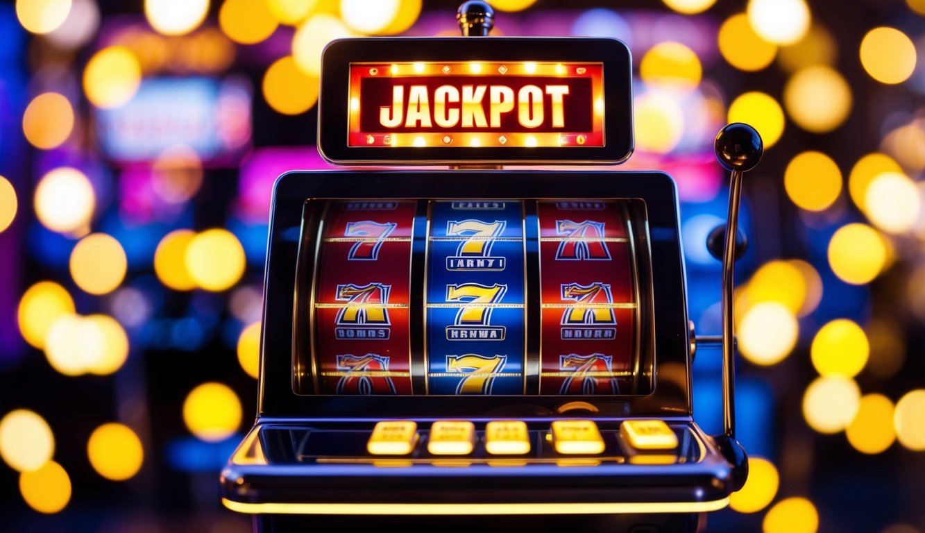 Sebuah mesin slot online yang hidup dikelilingi oleh cahaya dan simbol yang bersinar, dengan tampilan jackpot yang berkedip menggoda