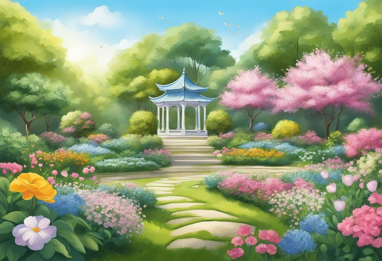 A serene garden with blooming flowers and a clear sky, surrounded by symbols of abundance and prosperity