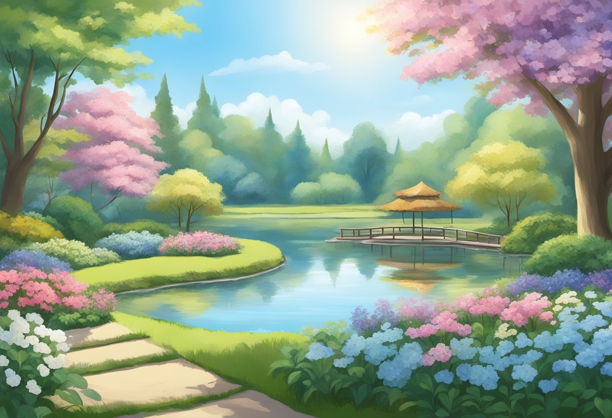 A serene garden with blooming flowers, a tranquil pond, and a clear blue sky, evoking a sense of mindfulness and gratitude