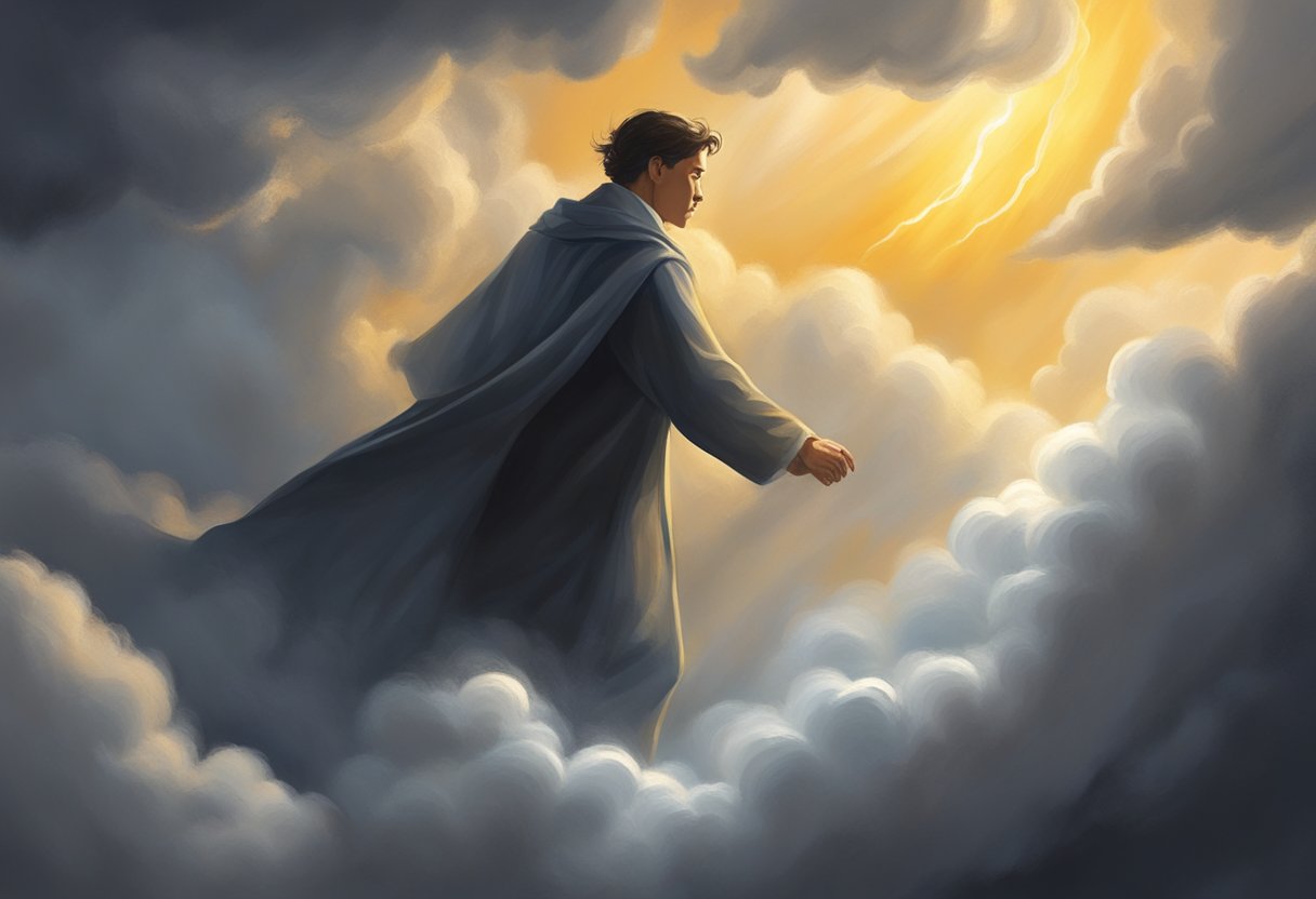 A figure surrounded by dark clouds, struggling to push through, while a beam of light shines down from above