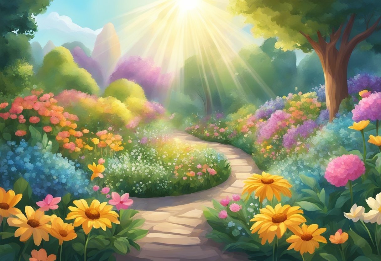 A lush garden with blooming flowers and a radiant sun, surrounded by a circle of glowing crystals