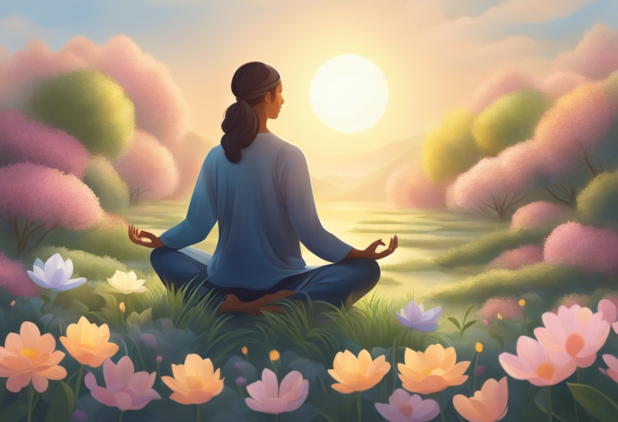 A person meditating in a serene natural setting, surrounded by blooming flowers and a glowing sun, with a sense of peace and gratitude emanating from their posture