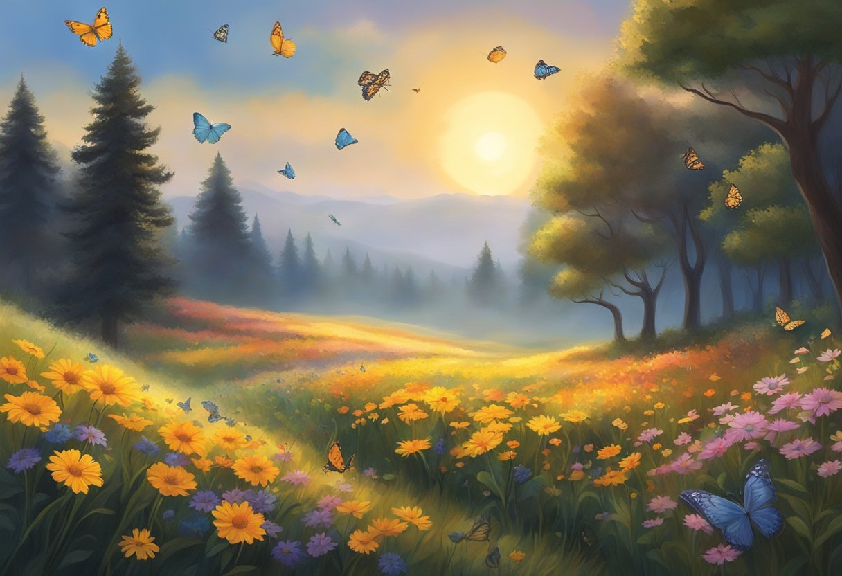 A vibrant sun radiates warm, golden light over a serene meadow, where colorful flowers bloom and butterflies dance. Nearby, a dark, shadowy forest looms with twisted trees and heavy fog