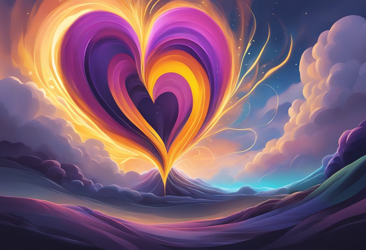 A vibrant, swirling energy emanates from a glowing heart, contrasting with a heavy, dark cloud pressing down on a wilted flower