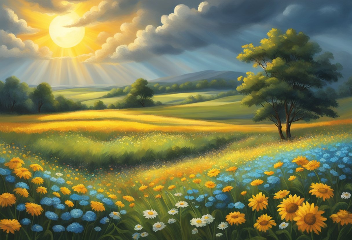 A glowing sun radiates warmth over a serene meadow, where colorful flowers sway in a gentle breeze. Dark storm clouds loom in the distance, contrasting with the bright blue sky