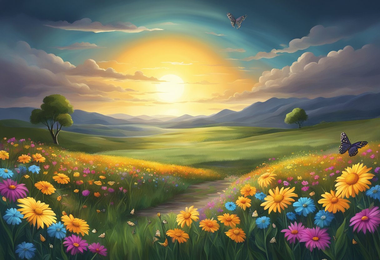 A radiant sun shining over a serene meadow with colorful flowers and butterflies, contrasting with a dark, stormy sky looming over a barren, desolate landscape