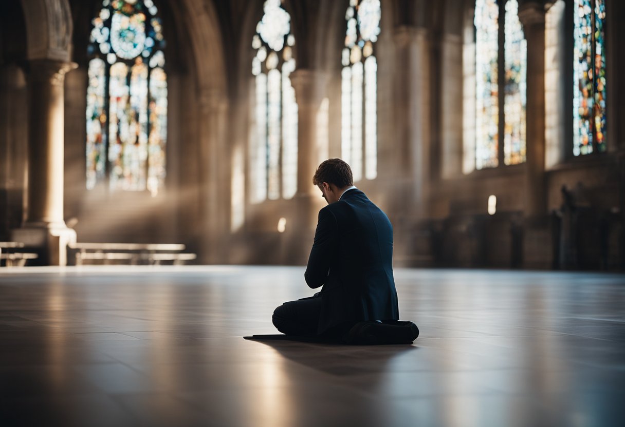 A person kneeling in prayer with a sense of confidence and trust