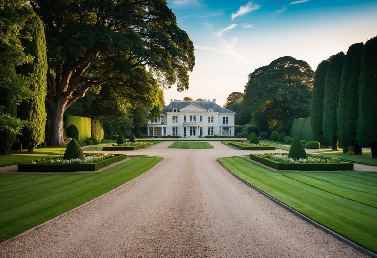 A grand estate with lush gardens, a sprawling mansion, and a winding driveway lined with tall trees