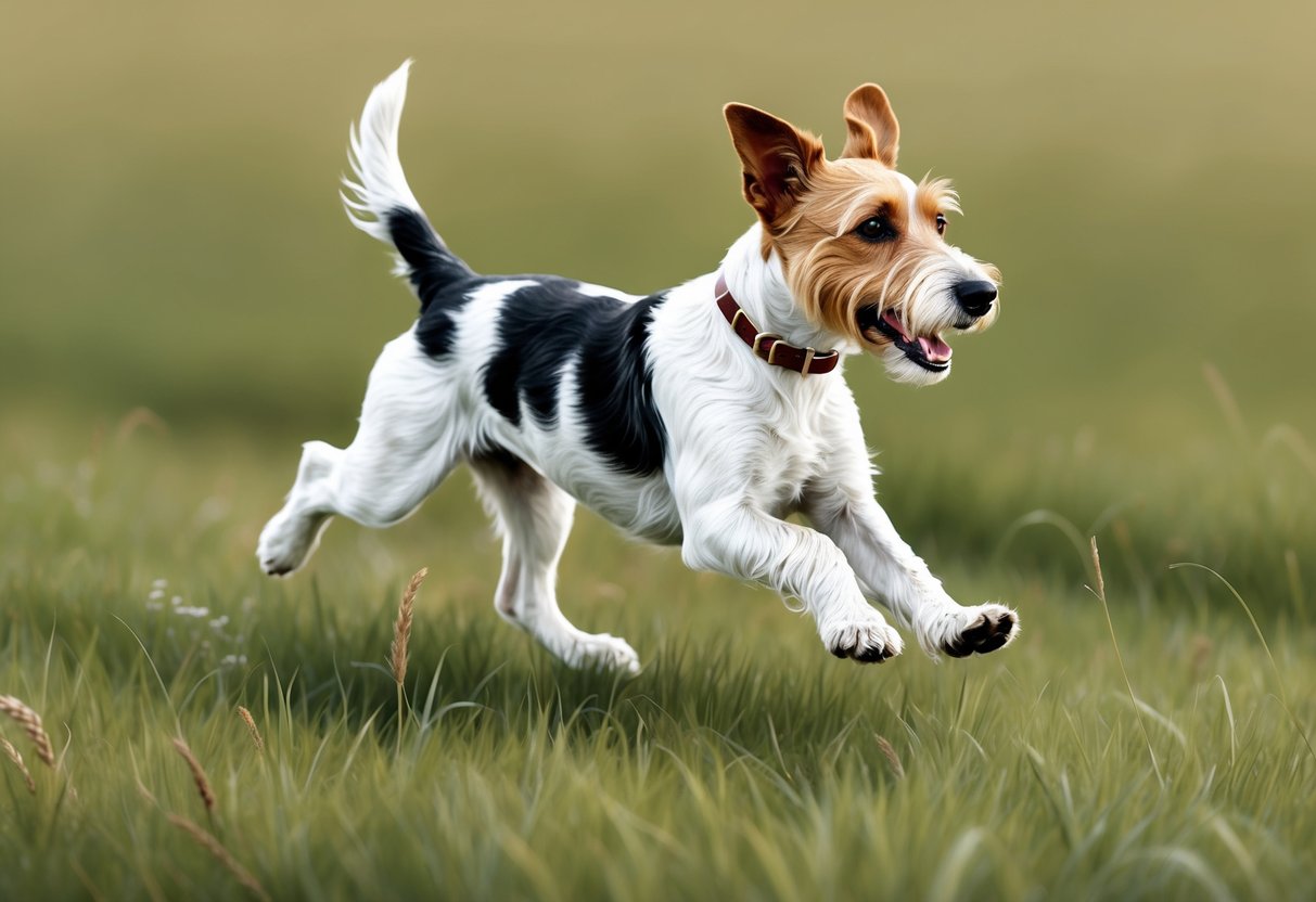 A Wire Fox Terrier dog running through a grassy field with its ears and tail up