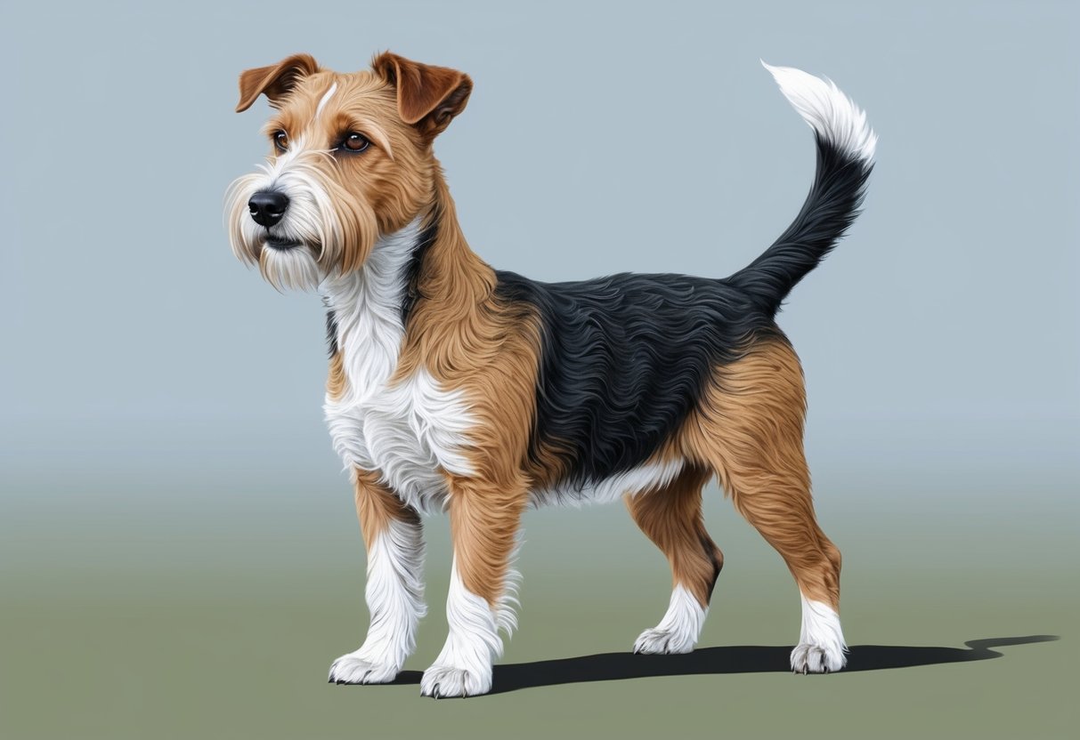 A Wire Fox Terrier dog standing alert with a wiry coat, small folded ears, and a bushy tail