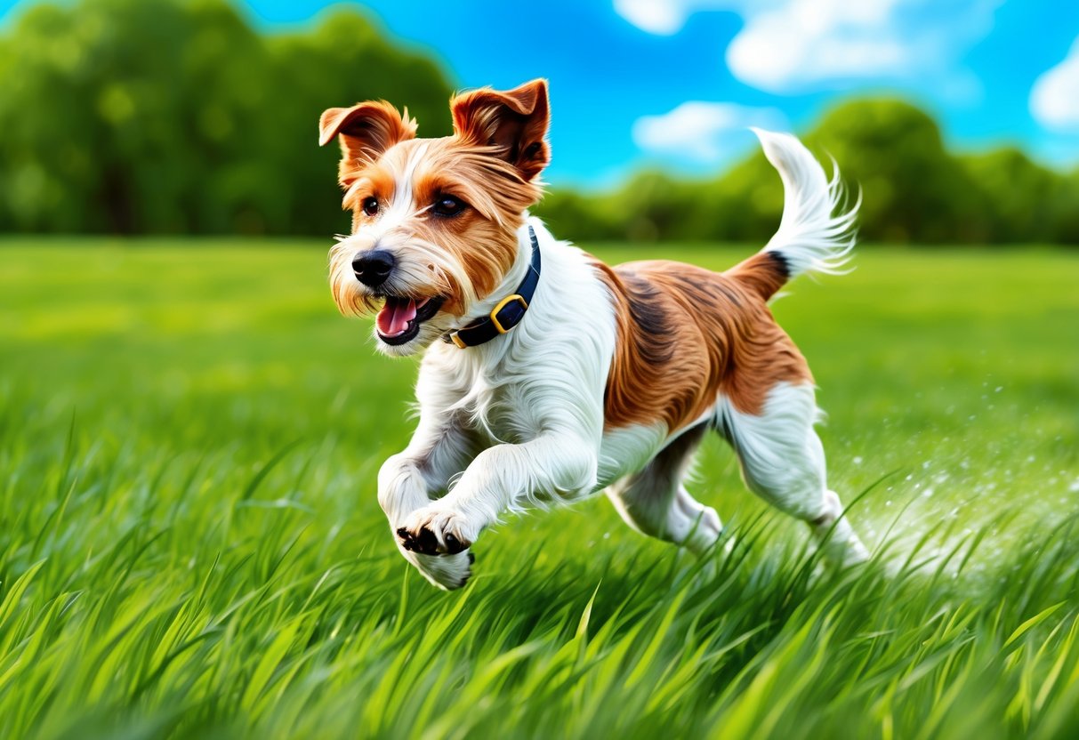 A Wire Fox Terrier dog running through a lush green field with a bright blue sky overhead, exuding energy and vitality