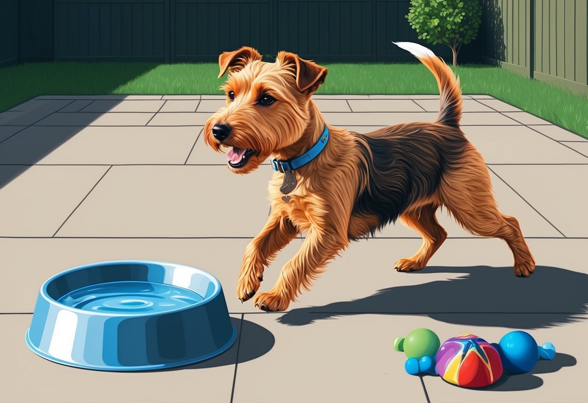 A Wire Fox Terrier dog playing in a spacious, well-lit backyard with a water bowl and toys nearby