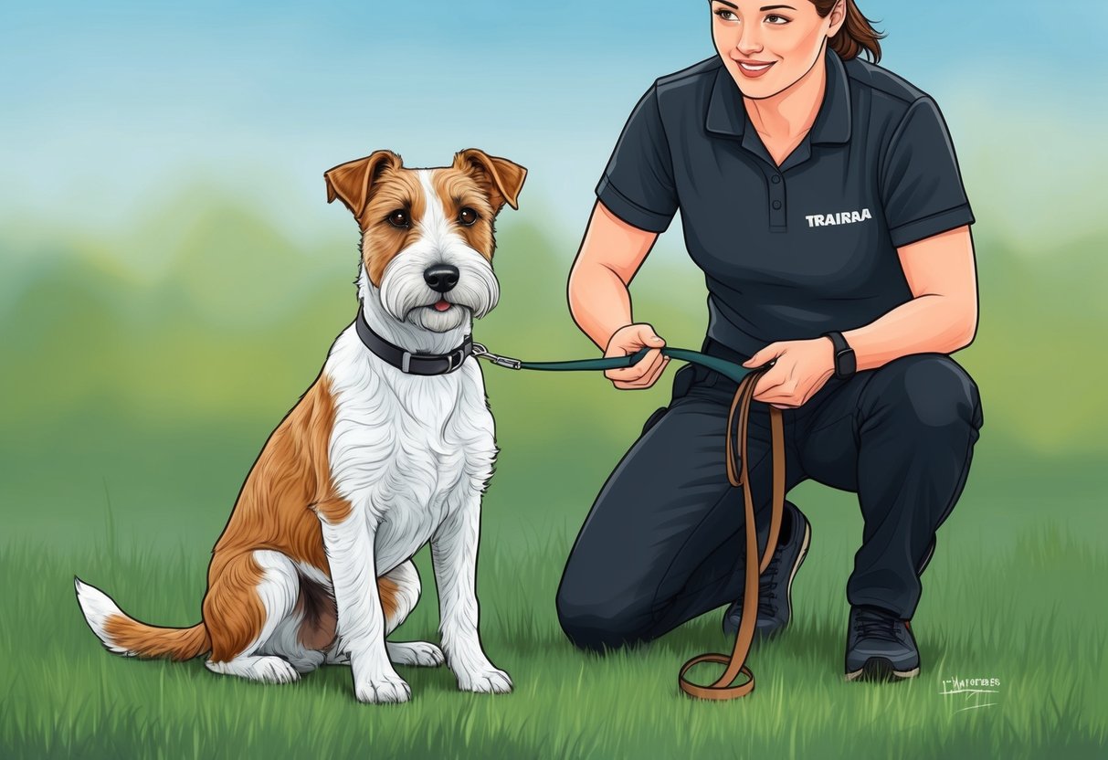 A Wire Fox Terrier dog sits attentively, ears perked, beside a trainer holding a leash