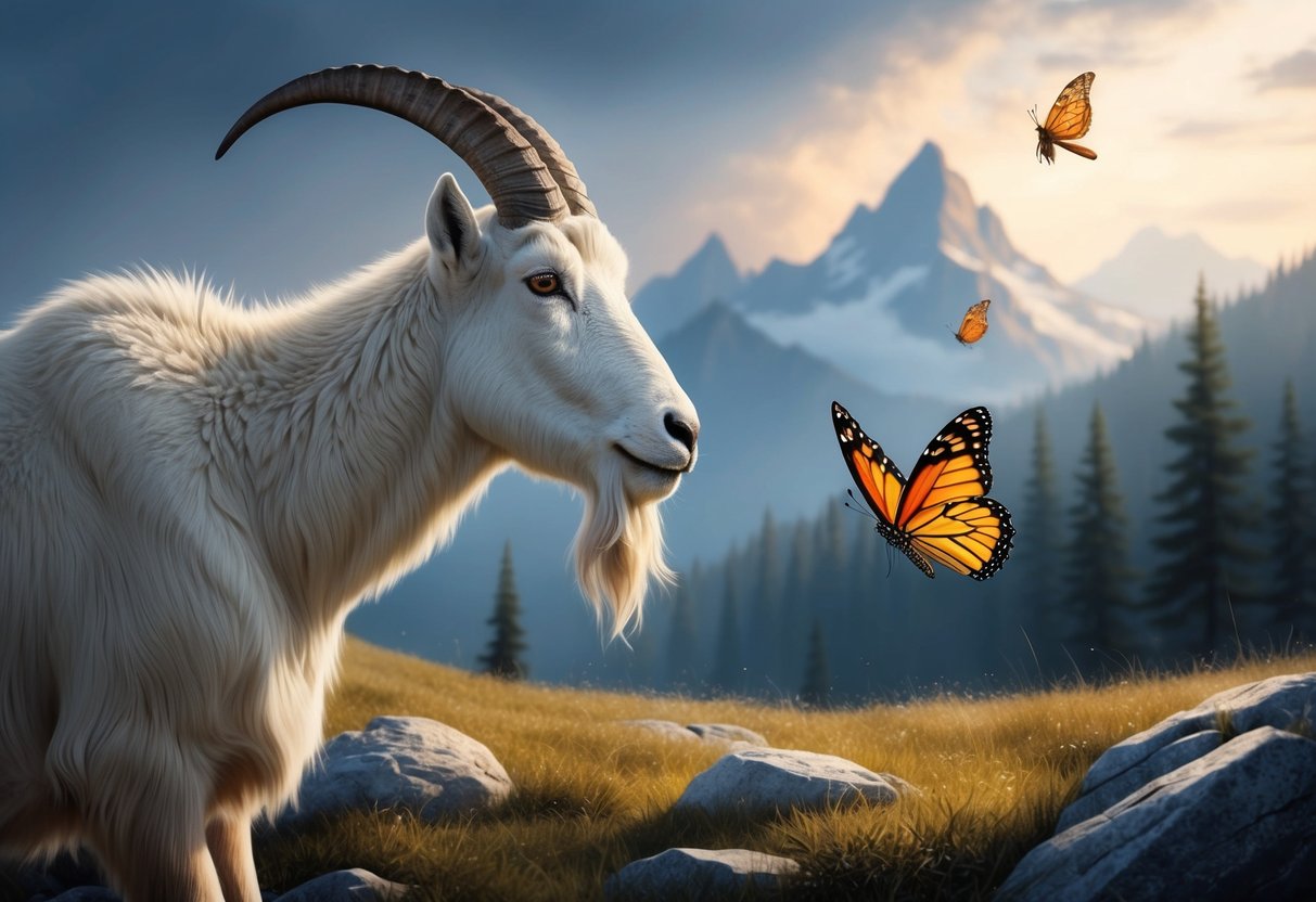 A stoic mountain goat gazes at a lively butterfly, their contrasting energies creating a dynamic tension in the serene landscape