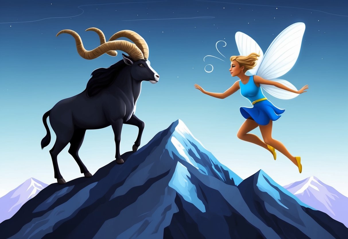 A Capricorn and Gemini meet atop a mountain, symbolizing their contrasting yet complementary energies. The Capricorn stands strong and steady, while the Gemini flits about with curiosity and excitement