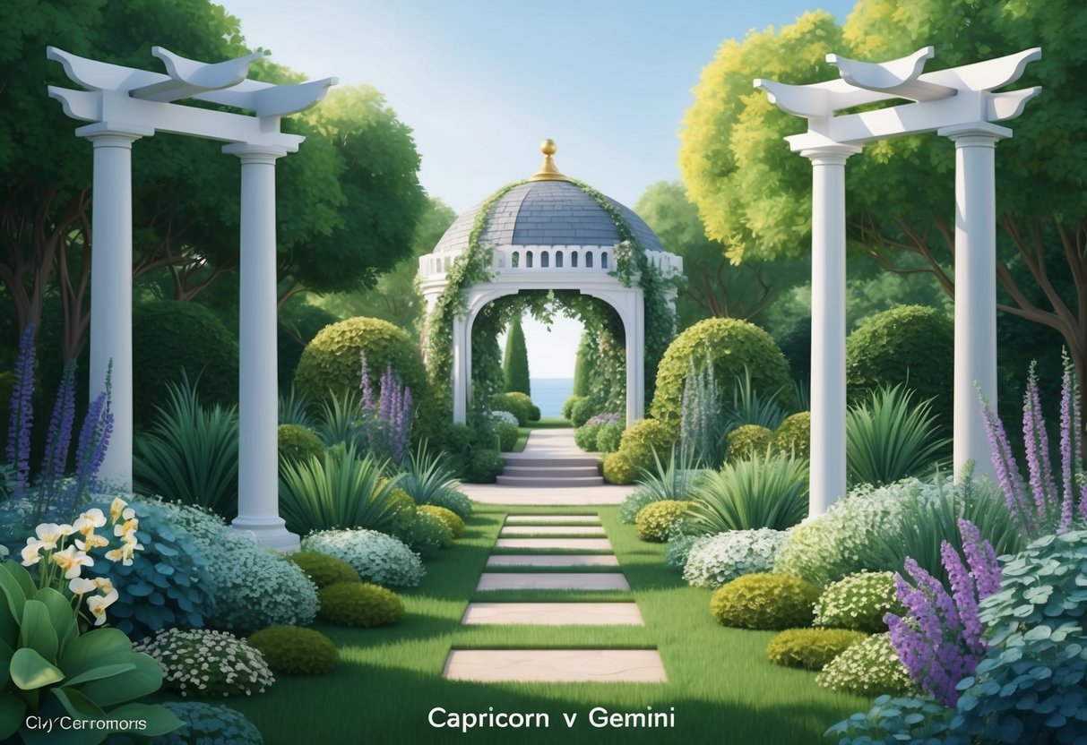 A serene garden with a balance of structured and free-flowing elements, symbolizing the harmonious relationship between Capricorn and Gemini