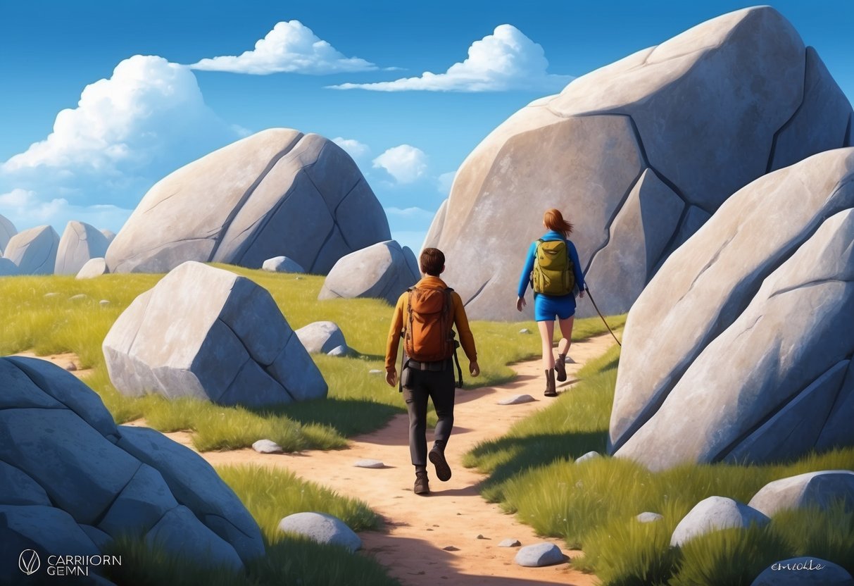 A capricorn and gemini navigate around large boulders in a rocky landscape, with a clear path ahead