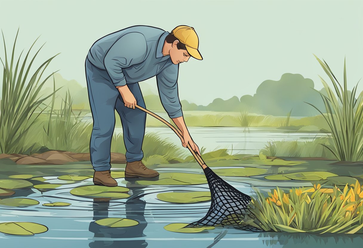 A person removing debris from a pond with a long-handled net