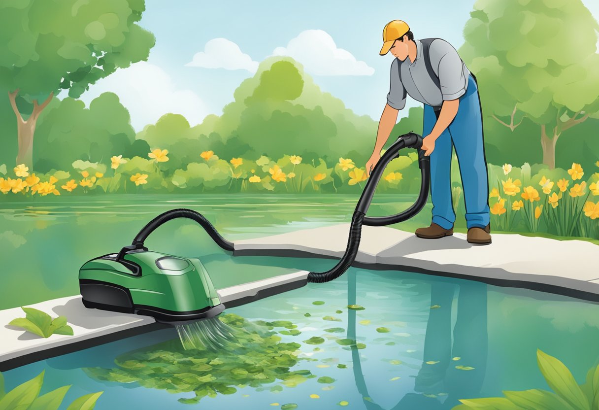 A Velda Pond Vacuum Cleaner in action, removing debris from the bottom of a clear, still pond