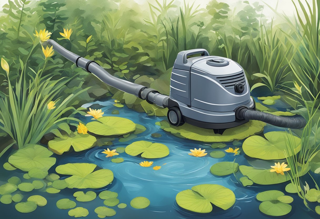 A Hozelock Pond Vacuum in action, cleaning a murky pond bottom, surrounded by floating debris and water plants