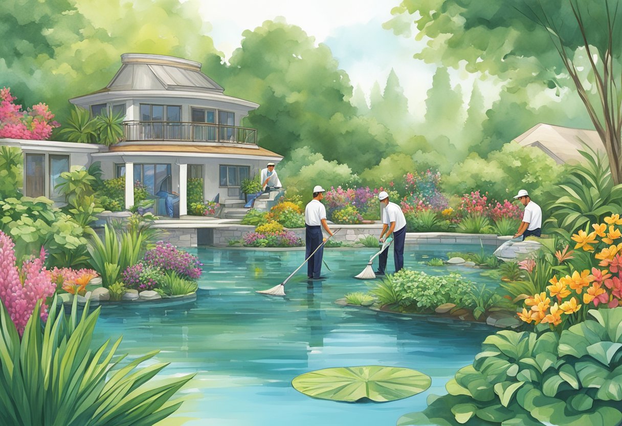 Aqua Pond Ltd crew in branded uniforms cleaning and maintaining a pristine pond, surrounded by lush greenery and colorful aquatic plants