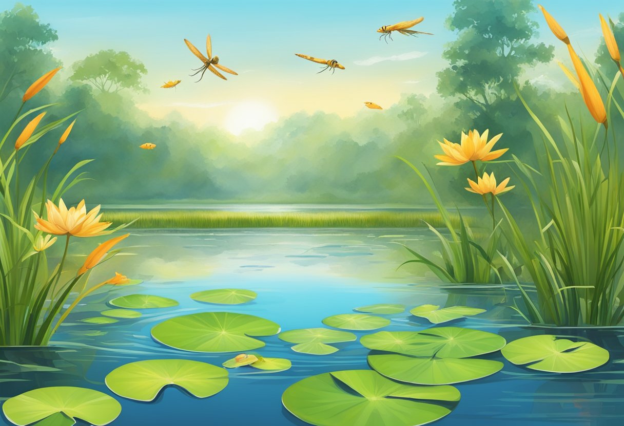 A tranquil pond with lily pads, reeds, and colorful fish swimming among the clear water. Dragonflies flit above the surface, and frogs rest on the muddy banks