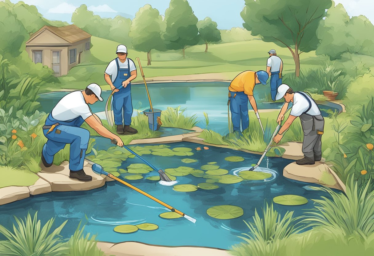 Aqua Pond Ltd team maintaining a pond: cleaning, testing water, adding treatments, and inspecting equipment