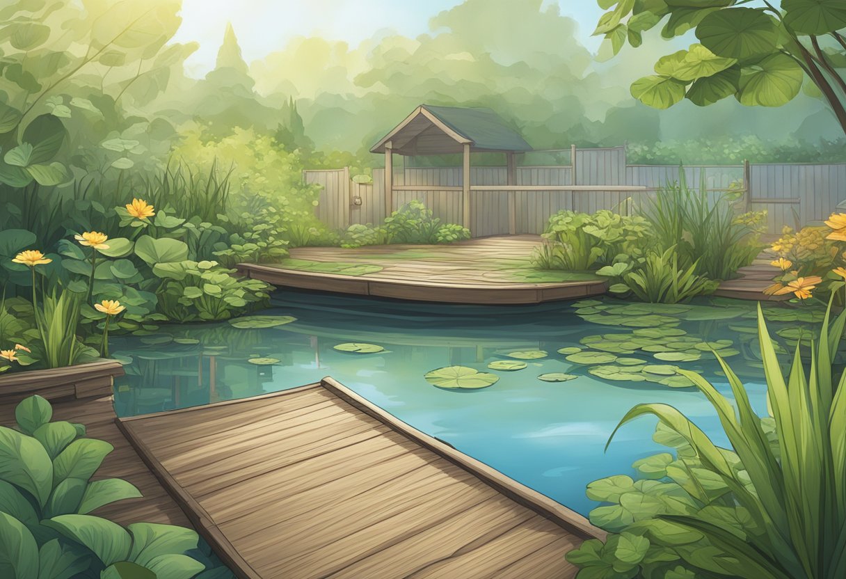 A tranquil pond with lush aquatic plants and clear water, surrounded by a wooden deck and a small sign indicating pricing for cleaning services