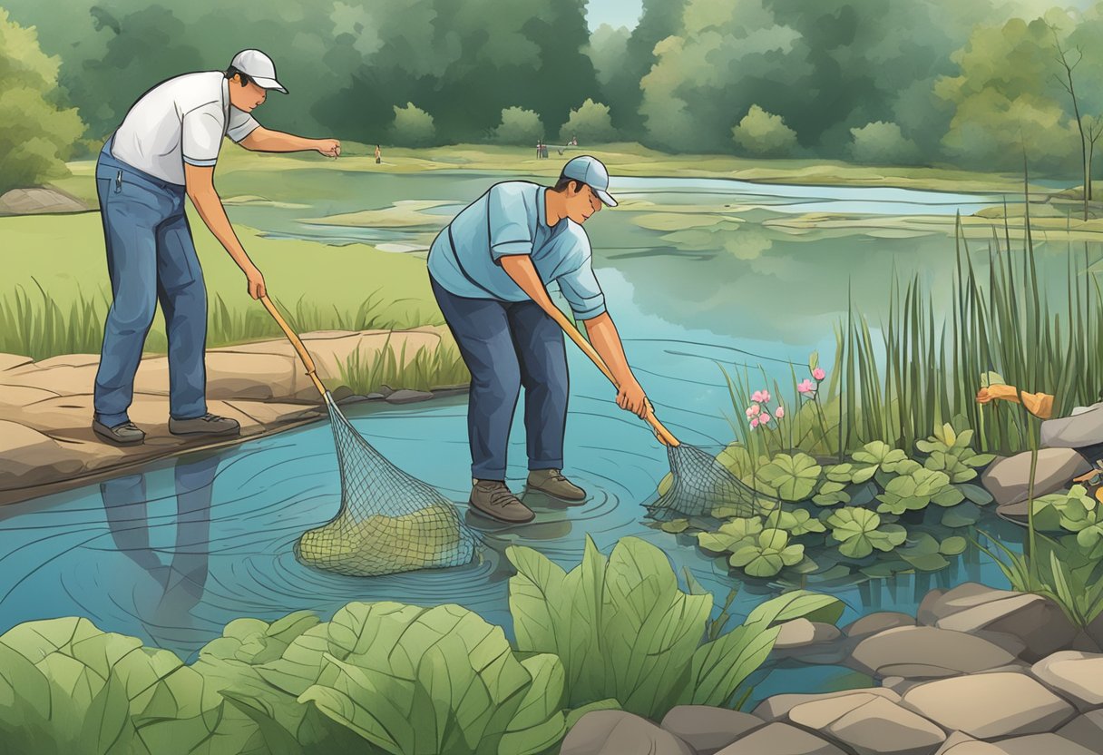 A person scoops out debris from a pond with a net, while another person uses a pump to drain the water