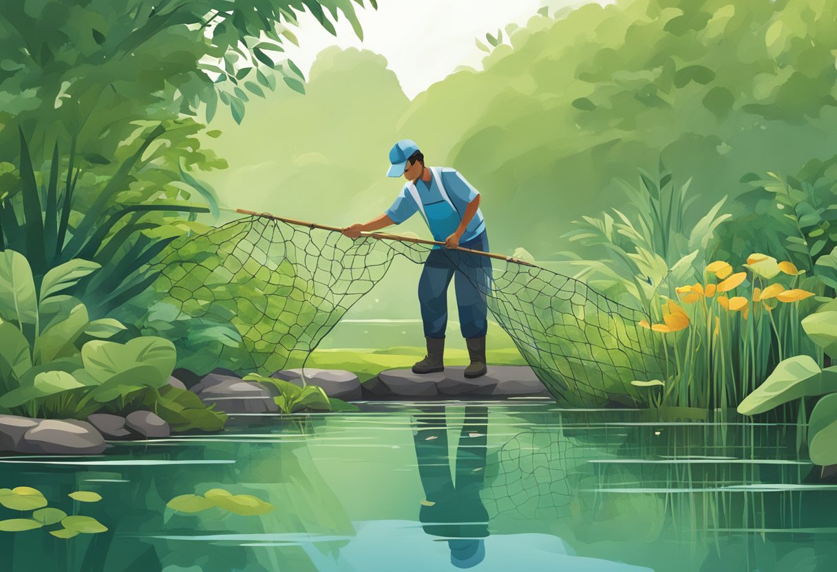 A person using a net to remove debris from a clear pond surrounded by lush greenery