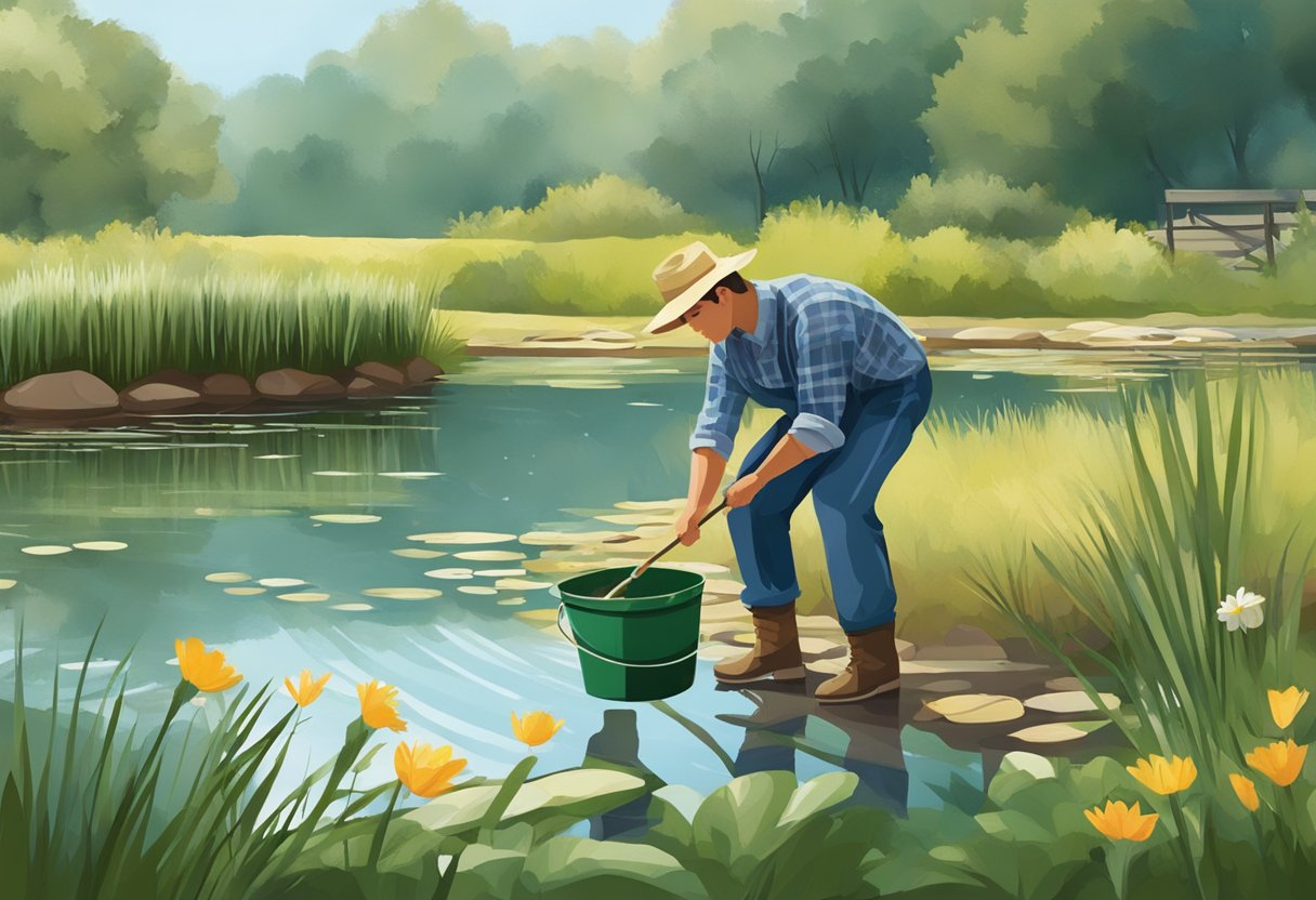 A person gathers a net, bucket, and brush near a pond