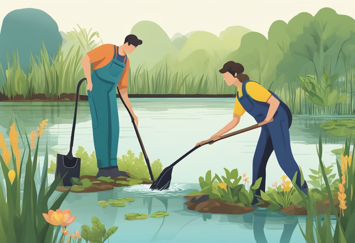 A person scoops out debris from a pond, while another person trims and removes overgrown aquatic plants