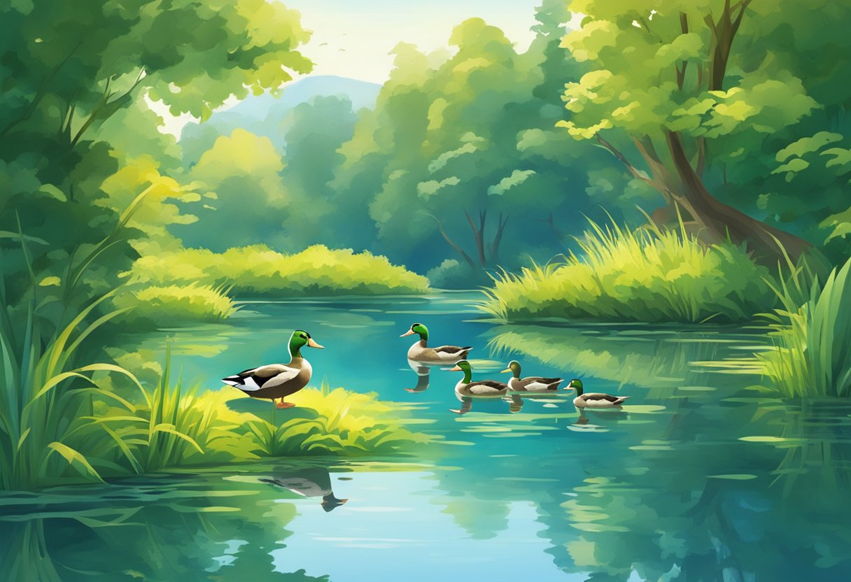 A serene pond surrounded by lush greenery reflects a clear blue sky. A family of ducks peacefully swims in the crystal-clear water