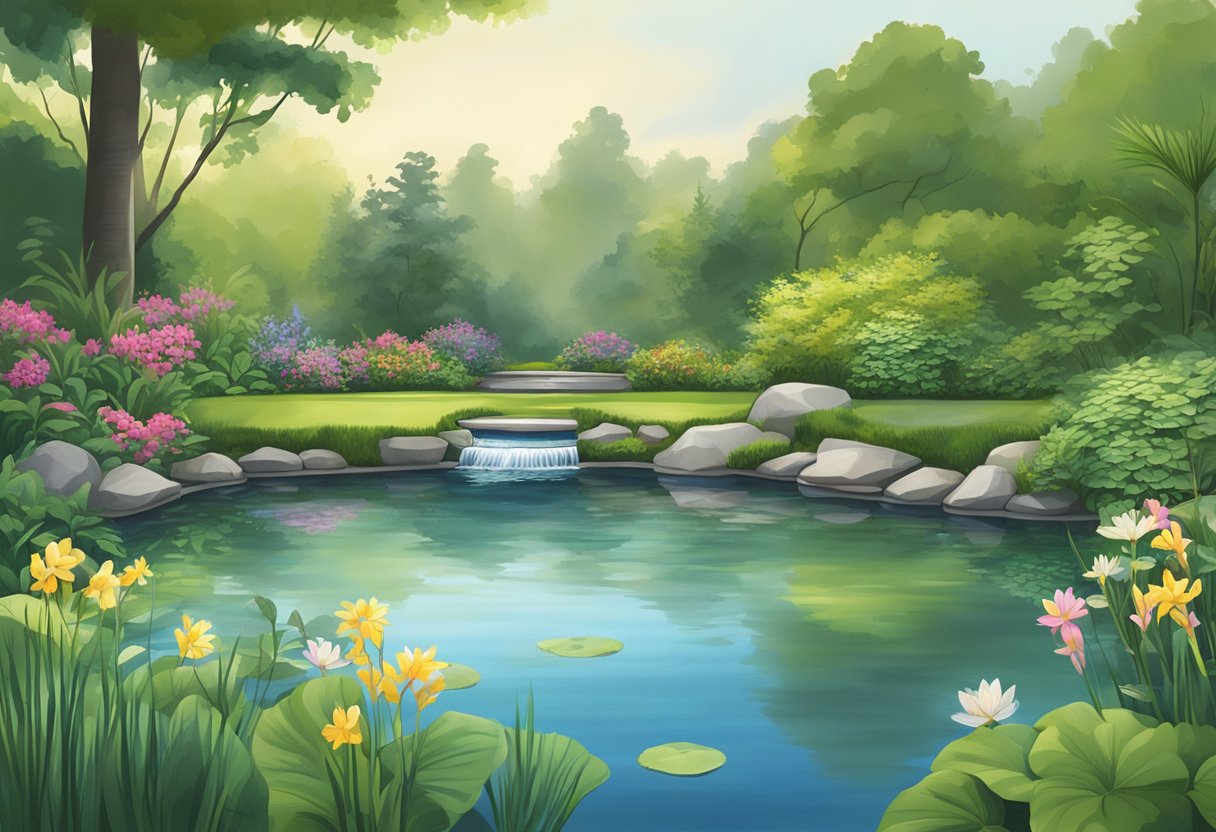 A serene pond with a water filter, pump, and aquatic plants surrounded by lush greenery