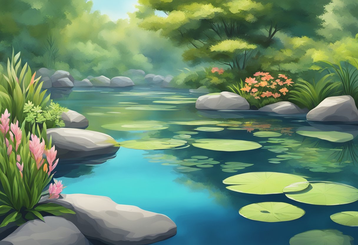 A serene pond with clear water, vibrant aquatic plants, and a balanced ecosystem