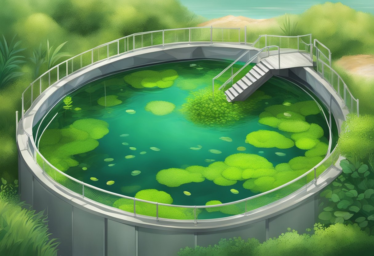 A clear pond with vibrant green algae growth, surrounded by lush vegetation and a well-maintained filtration system