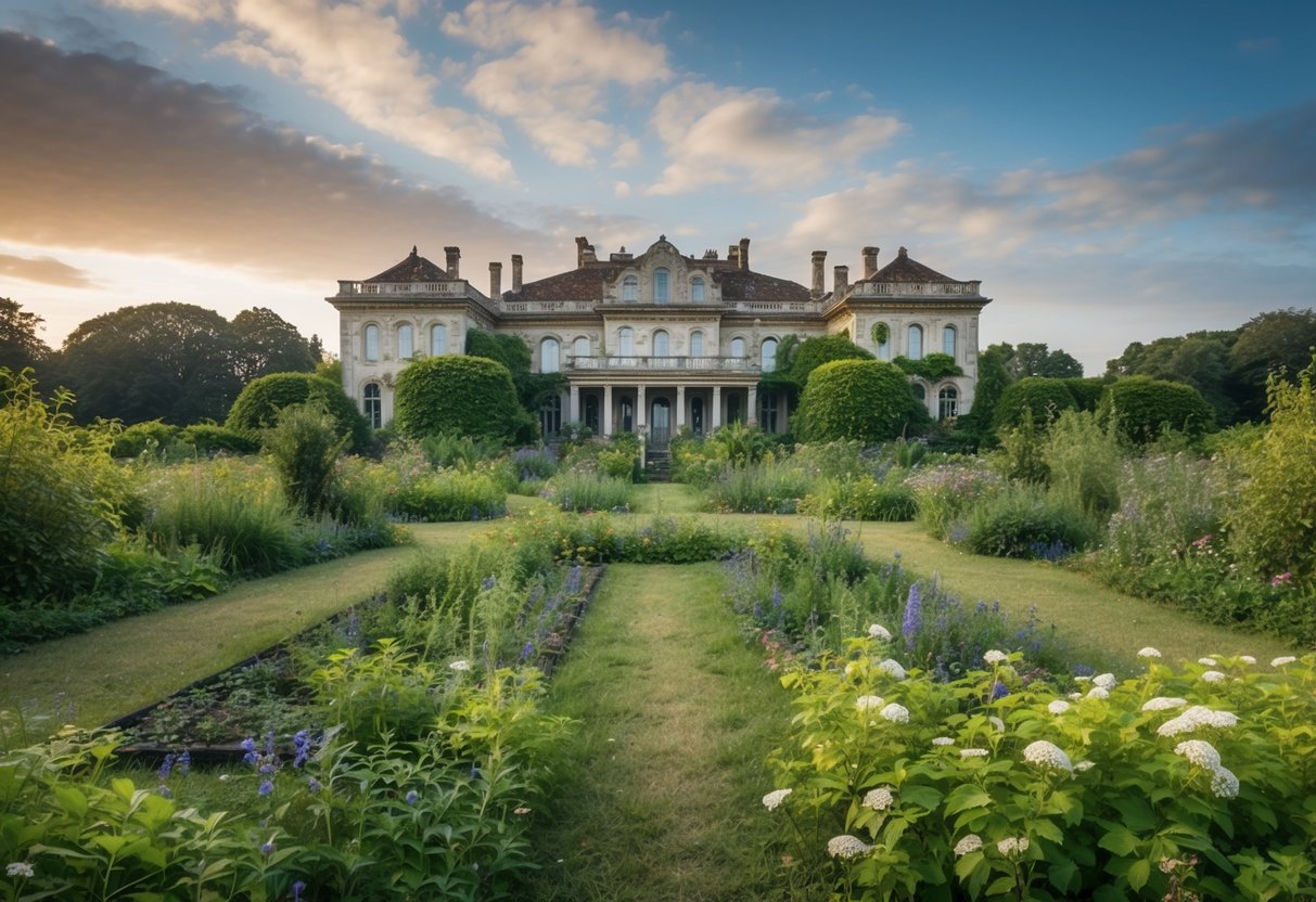 A sprawling mansion surrounded by overgrown gardens and a neglected, decaying estate