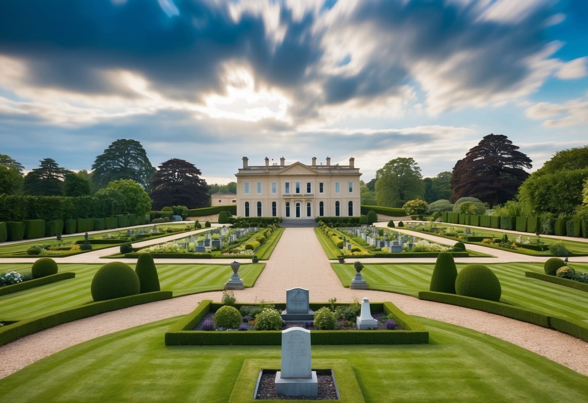 A grand estate with a sprawling mansion, manicured gardens, and a family cemetery