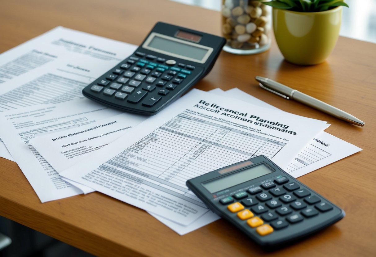 A desk with financial documents, calculator, and retirement account statements laid out for estate planning