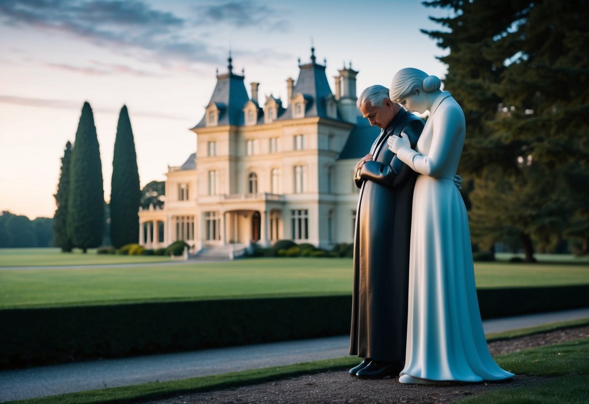 A solemn figure stands beside a large, ornate estate, surrounded by towering trees and a serene landscape. The figure's expression is one of contemplation and grief