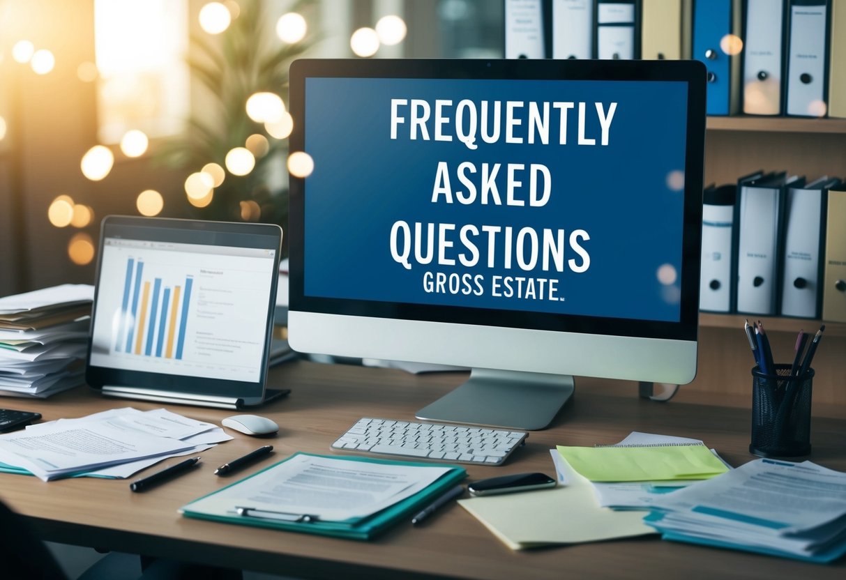 A cluttered desk with papers, folders, and a computer screen displaying "Frequently Asked Questions gross estate."