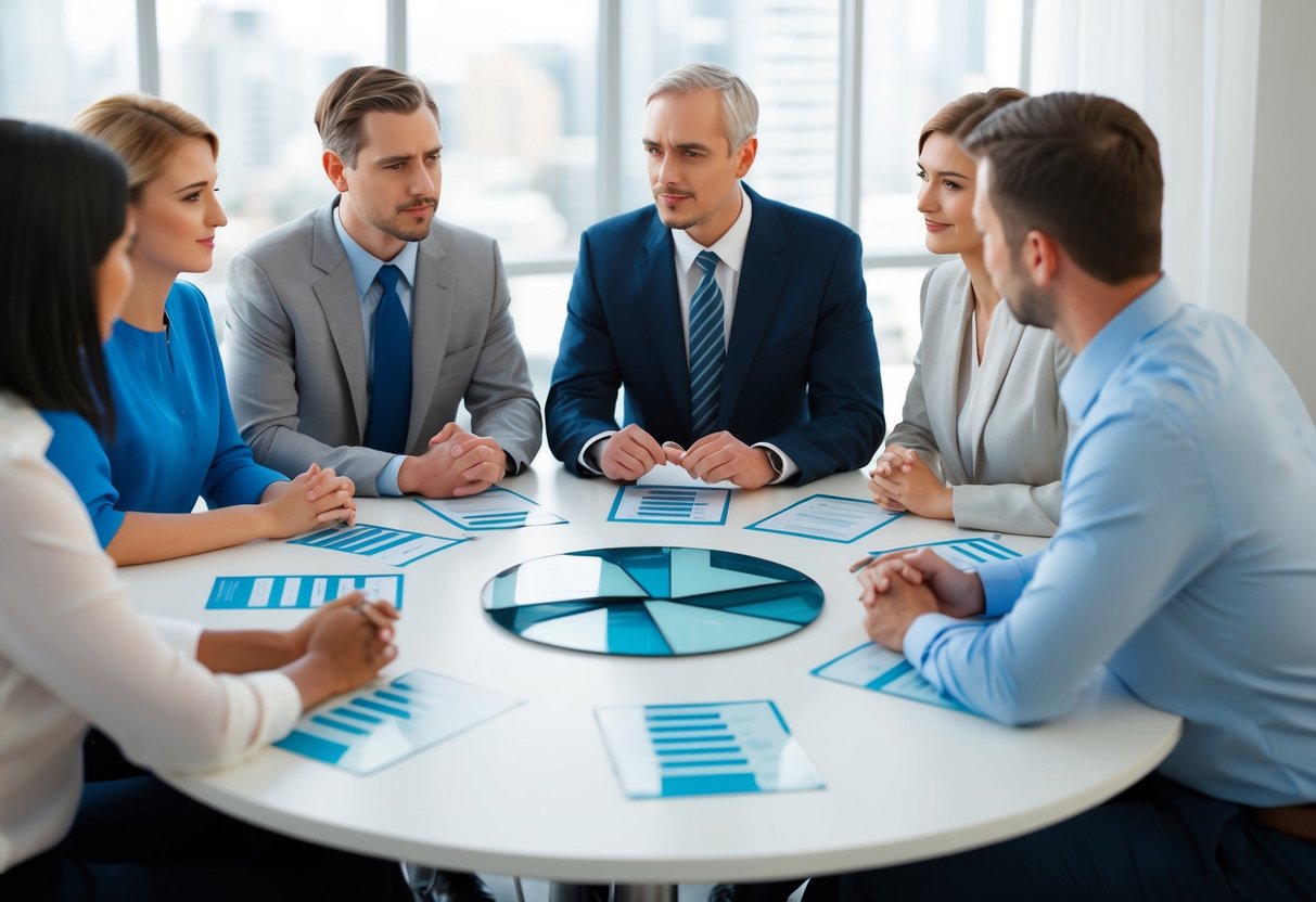 A group of people sitting around a table, discussing and deciding on beneficiary percentages for a term life insurance policy