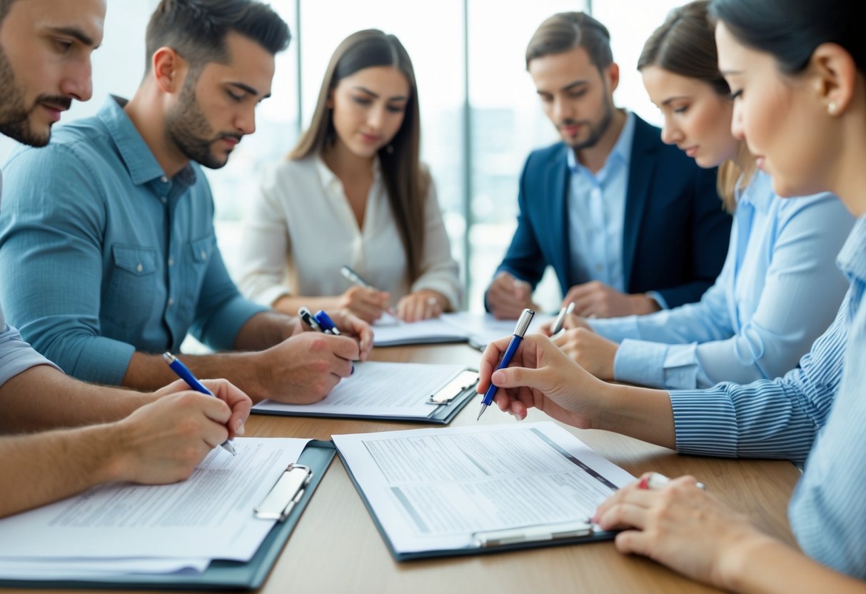A group of people filling out paperwork, with one person indicating a percentage for their life insurance beneficiary