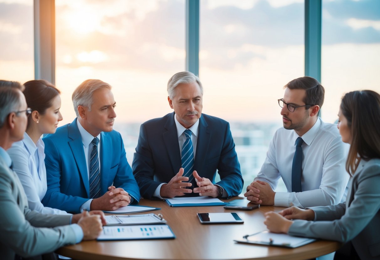 A group of people discussing term life insurance options and beneficiary percentages