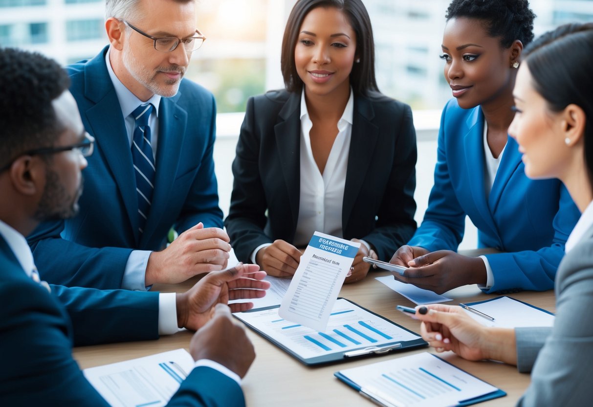 A group of people discussing financial considerations and tax implications while determining beneficiary percentages for a term life insurance policy
