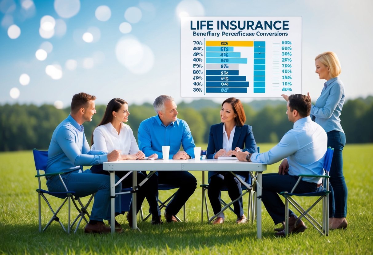 A group of people discussing life insurance options at a portable outdoor table, with charts and graphs showing beneficiary percentage conversions