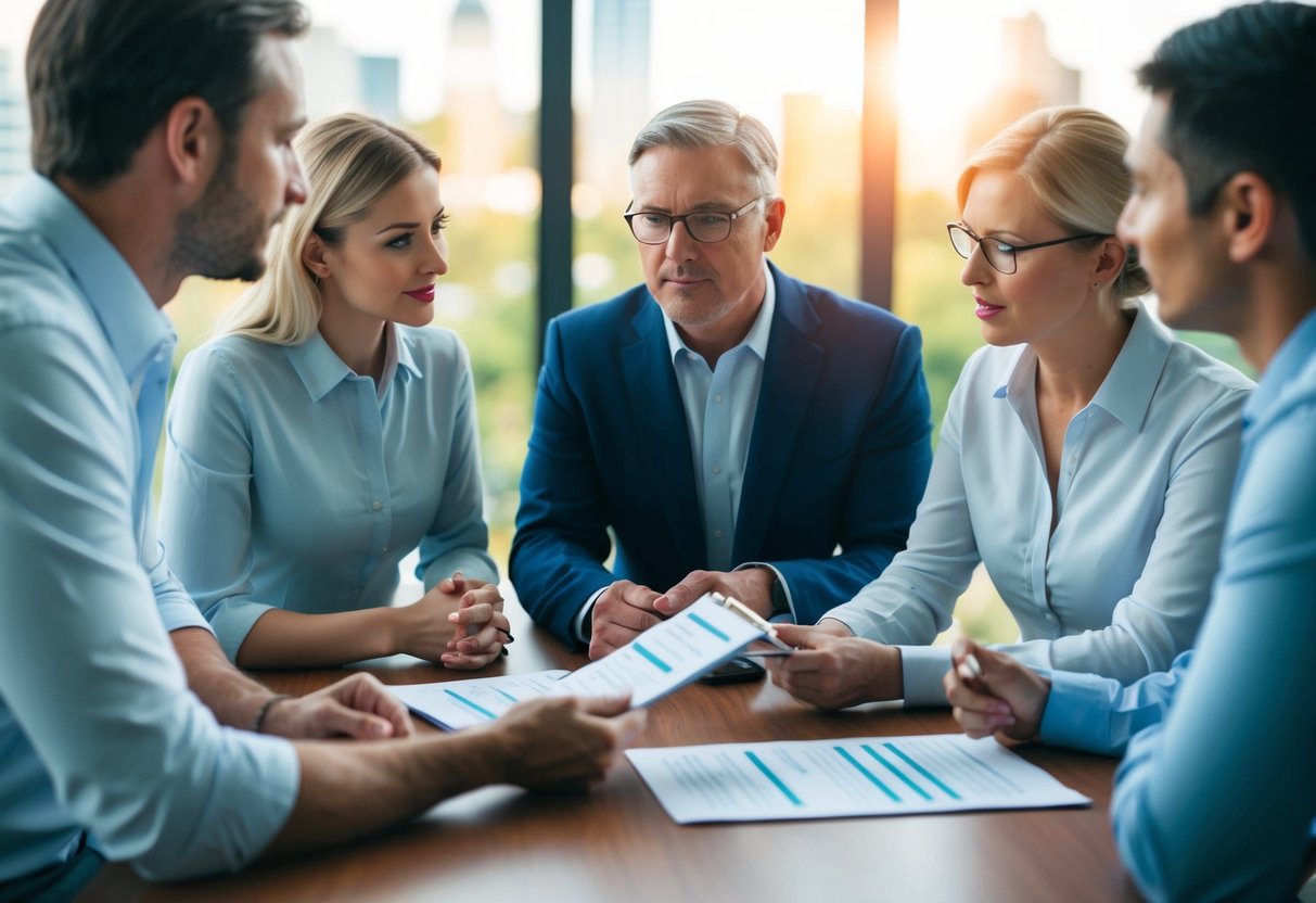 A group of people discussing life insurance policy terms and beneficiary percentages